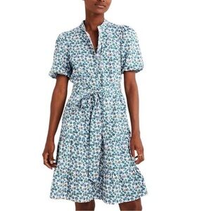Boden Tiered Puff Sleeve Floral Tie Waist Mini Dress size 8 100% Cotton